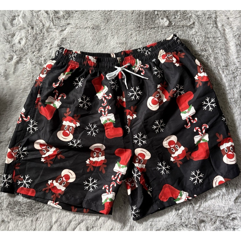 Christmas themed swim trunks bathing suit size XL lined reindeer drawstring